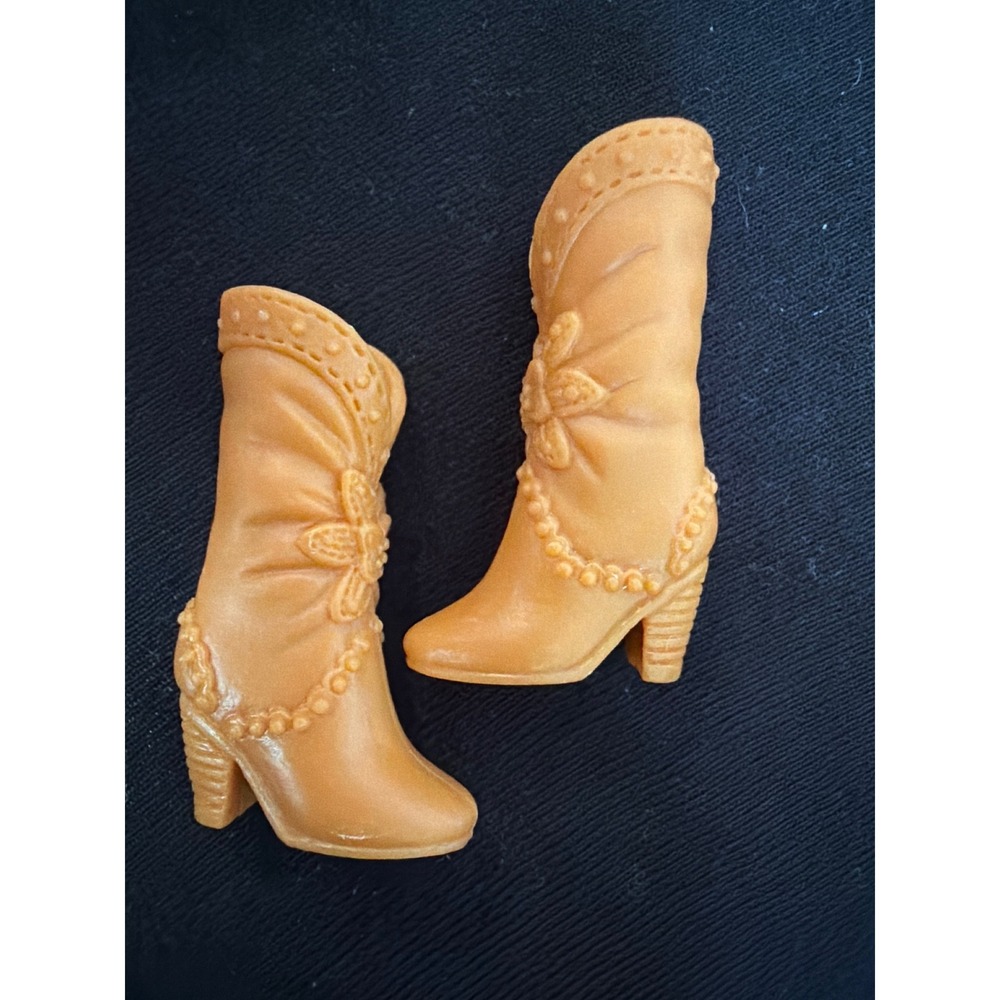 Mattel Barbie Tan Western Cowboy Boots Butterfly Floral Molded Doll Shoes Gold